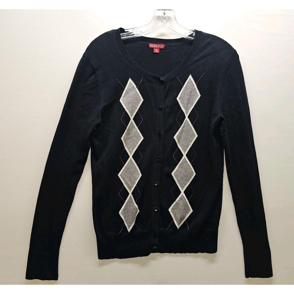 Merona Womens M Black Argyle Button Down Cardigan Dark Academia Preppy Nerd